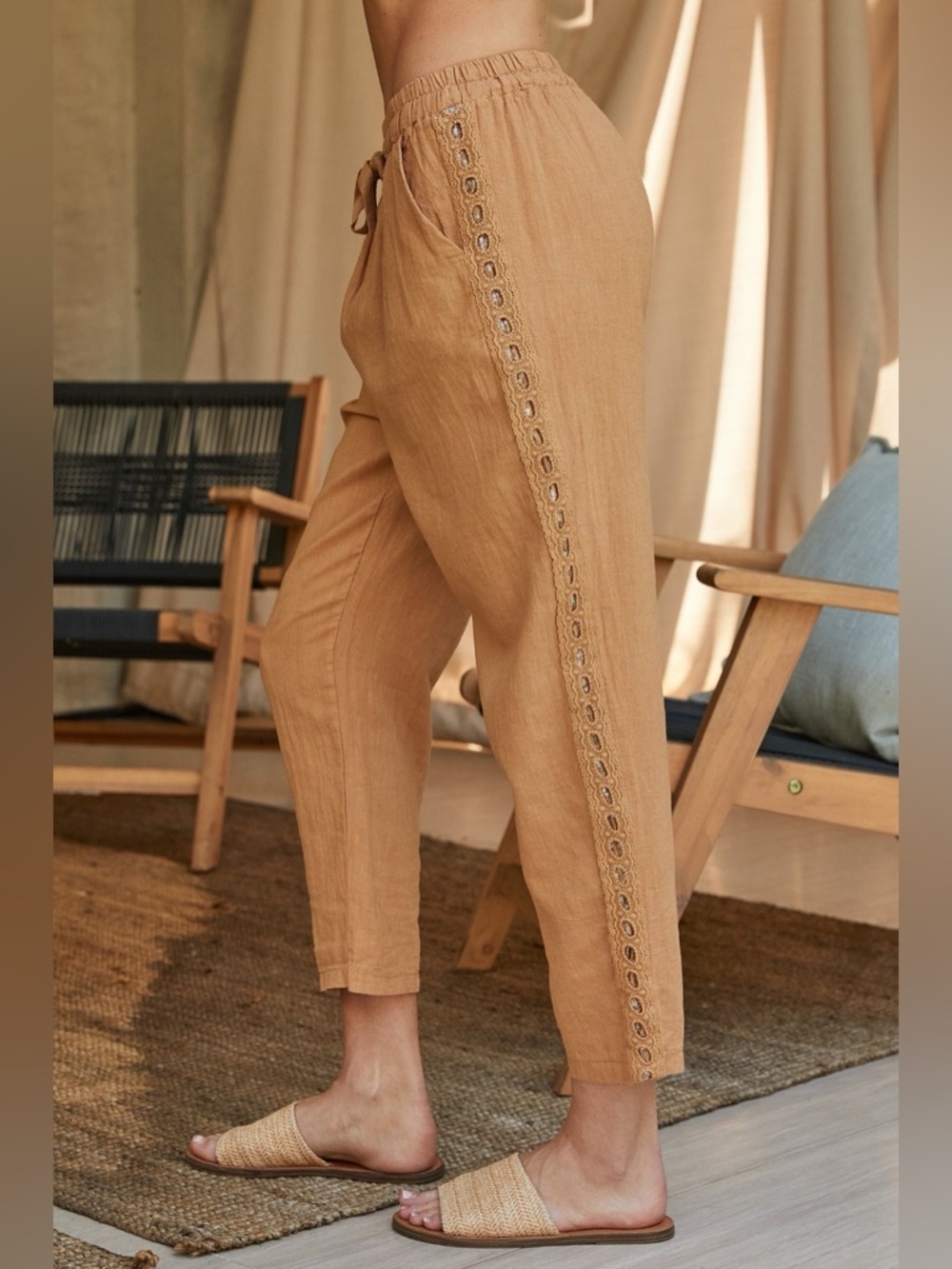 (6959-TOB)  LINEN SEQUIN LACE RIBBON SIDE STRIPE PANTS